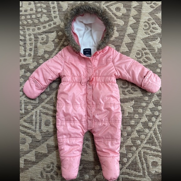 Nautica 6/9 Month Pink/Peach Quilted Puffer Infant Fur Hood Snowsuit Bunting - Picture 1 of 16